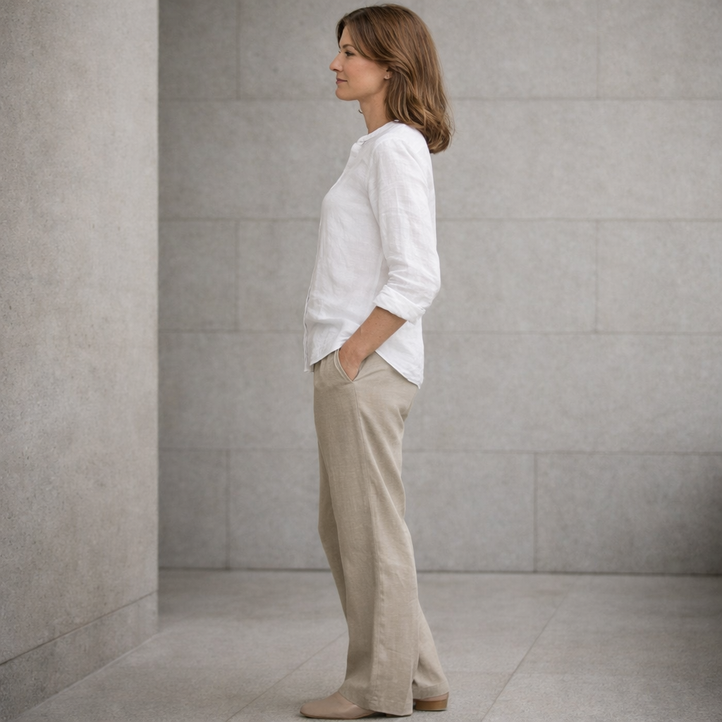 White Linen-Style Button-Up Shirt with Grandad Collar