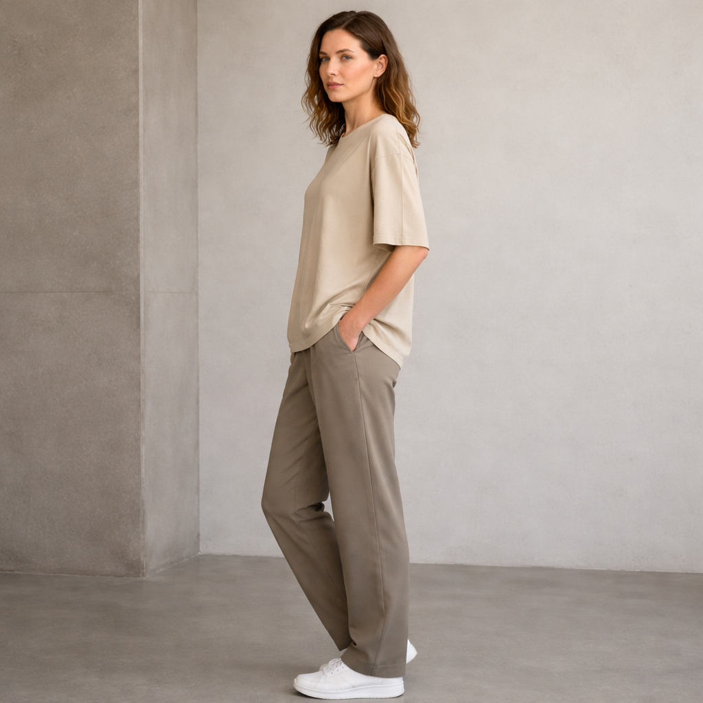 Classic Sand Crew-Neck T-Shirt with Oversized Fit