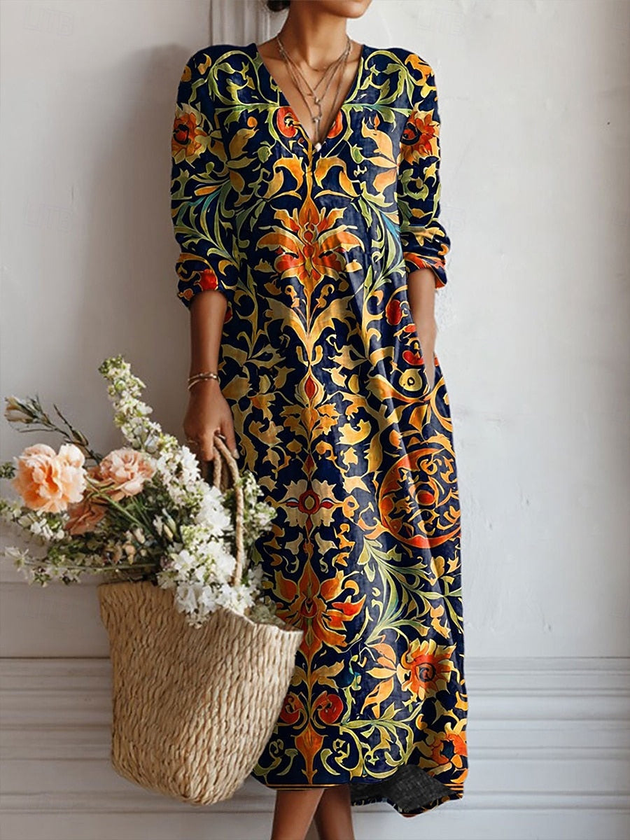 Victoria – Boho Baroque Scroll V-Neck Dress - Image 1