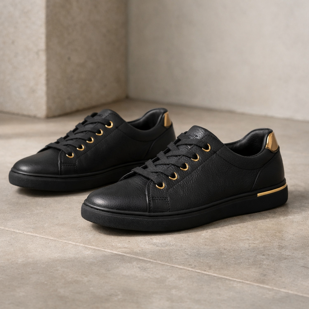 Pair of black sneakers with gold accents on a neutral background