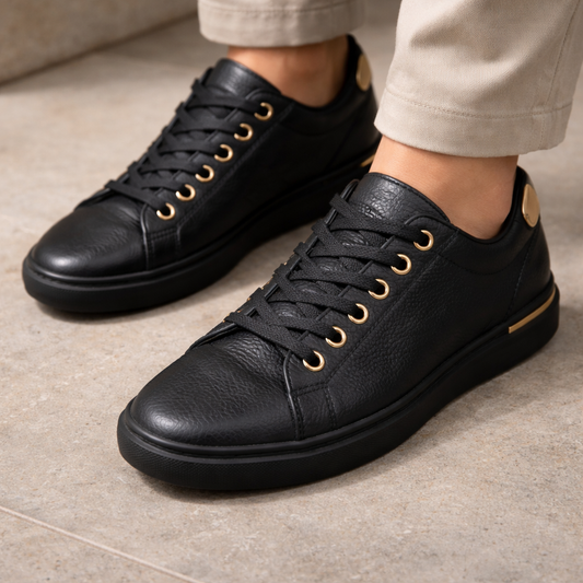 Black Low-Top Sneakers with Gold Hardware