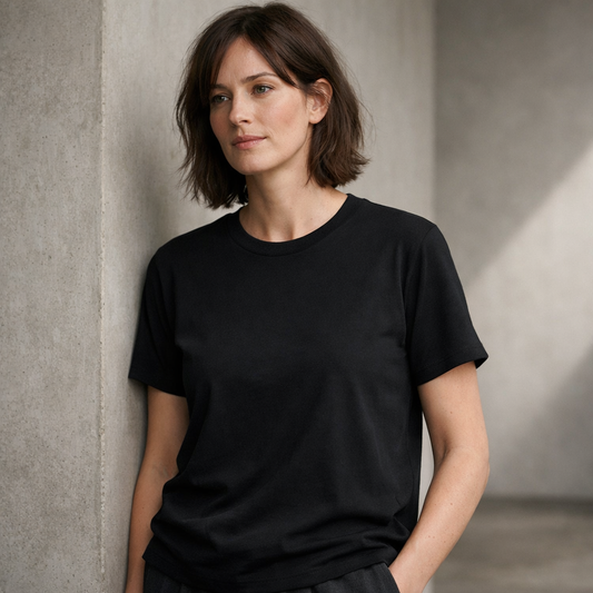Woman wearing a black t-shirt against a neutral background