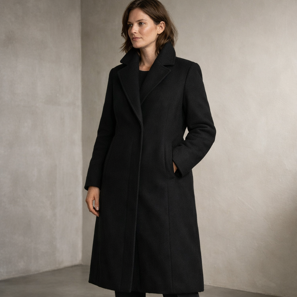 Woman wearing a black coat against a neutral background