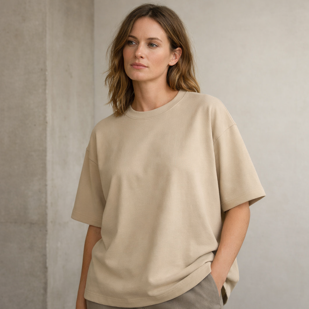 Woman wearing a beige oversized t-shirt against a plain background