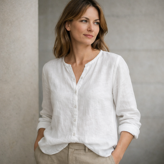 White Linen-Style Button-Up Shirt with Grandad Collar