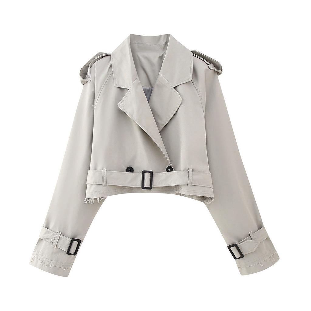 Cropped Jacket Women's with Belted Waist and Double Breasted Closure - Image 8