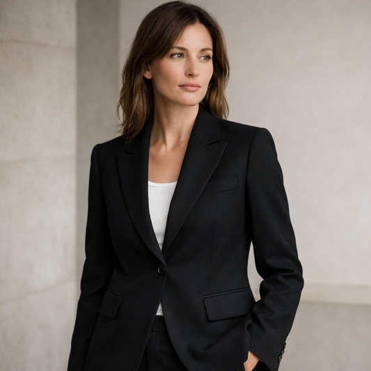 Woman wearing a black suit against a neutral background