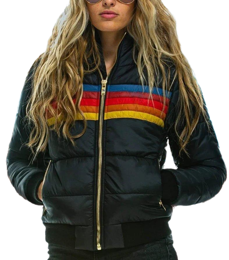 Puffer Jacket Women's Colorful Striped Design with Hood - Image 5