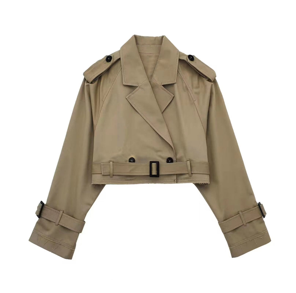 Cropped Jacket Women's with Belted Waist and Double Breasted Closure - Image 6