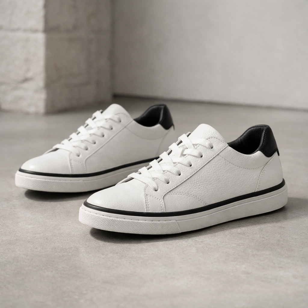 White sneakers with black accents on a gray surface