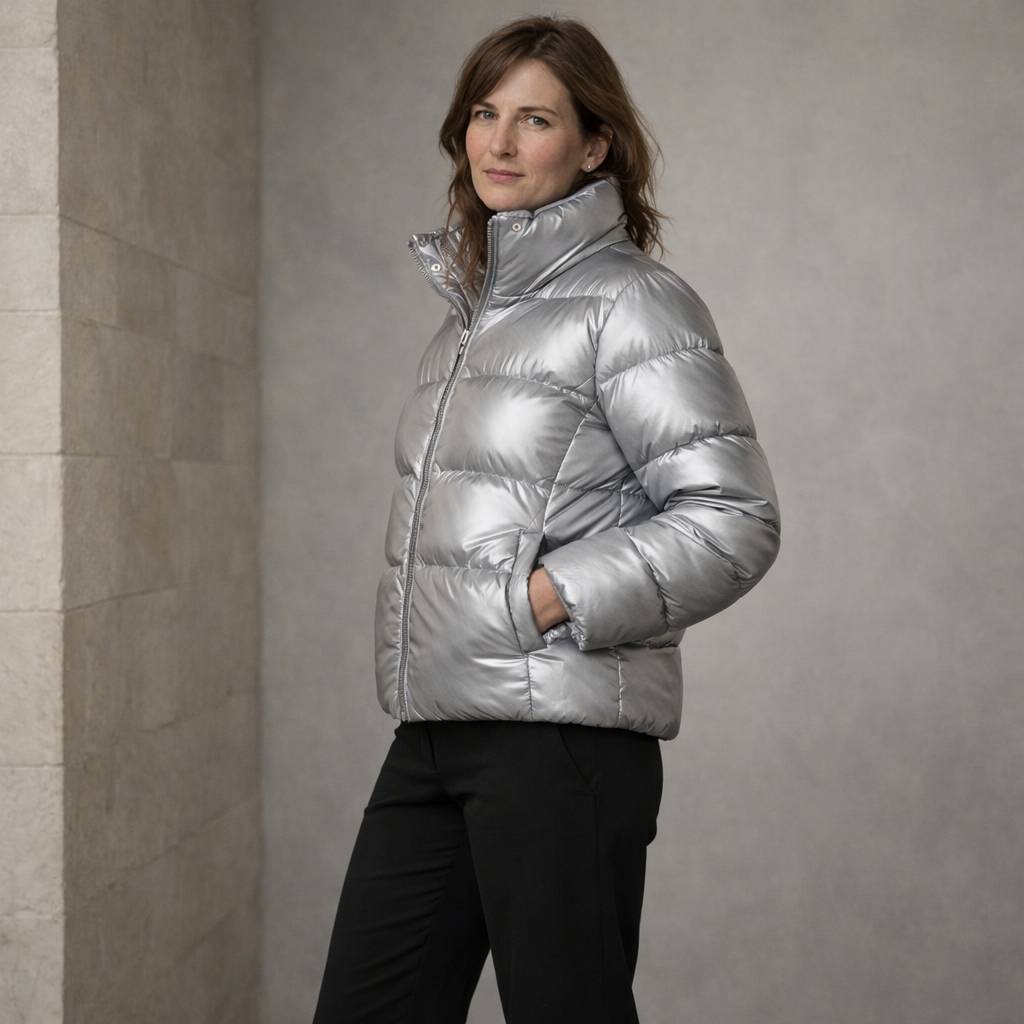 Silver Puffer Jacket with High Stand Collar