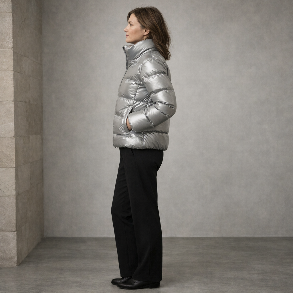 Silver Puffer Jacket with High Stand Collar