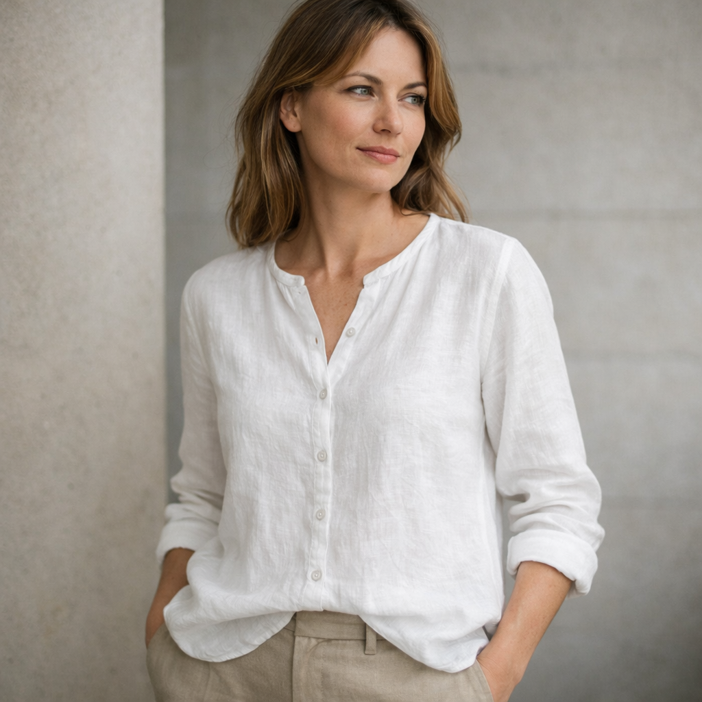 Woman wearing a white shirt against a neutral background