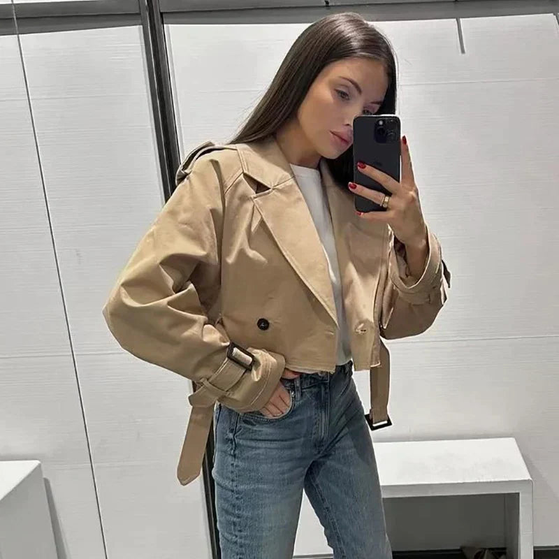 Cropped Jacket Women's with Belted Waist and Double Breasted Closure - Image 1