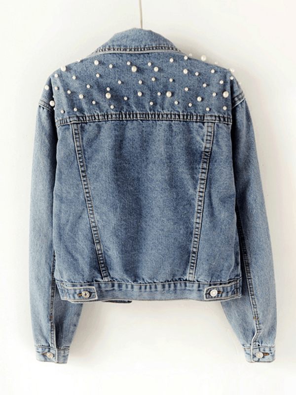 Denim Jacket Women's with Pearl Accents and Button Closure - Image 1