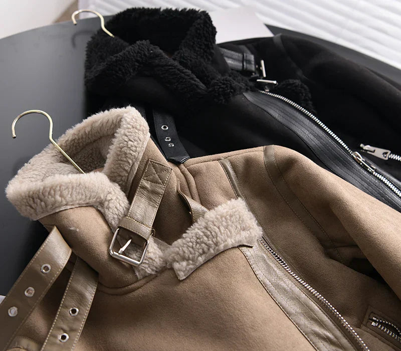 Biker Jacket Women's with Faux Fur Collar and Zip Closure - Image 11