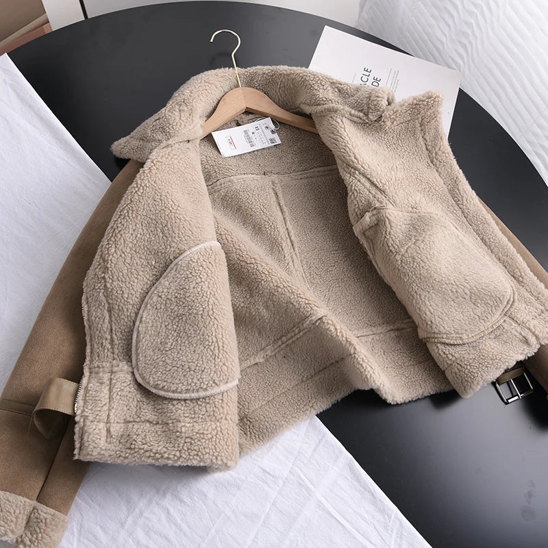 Biker Jacket Women's with Faux Fur Collar and Zip Closure - Image 6