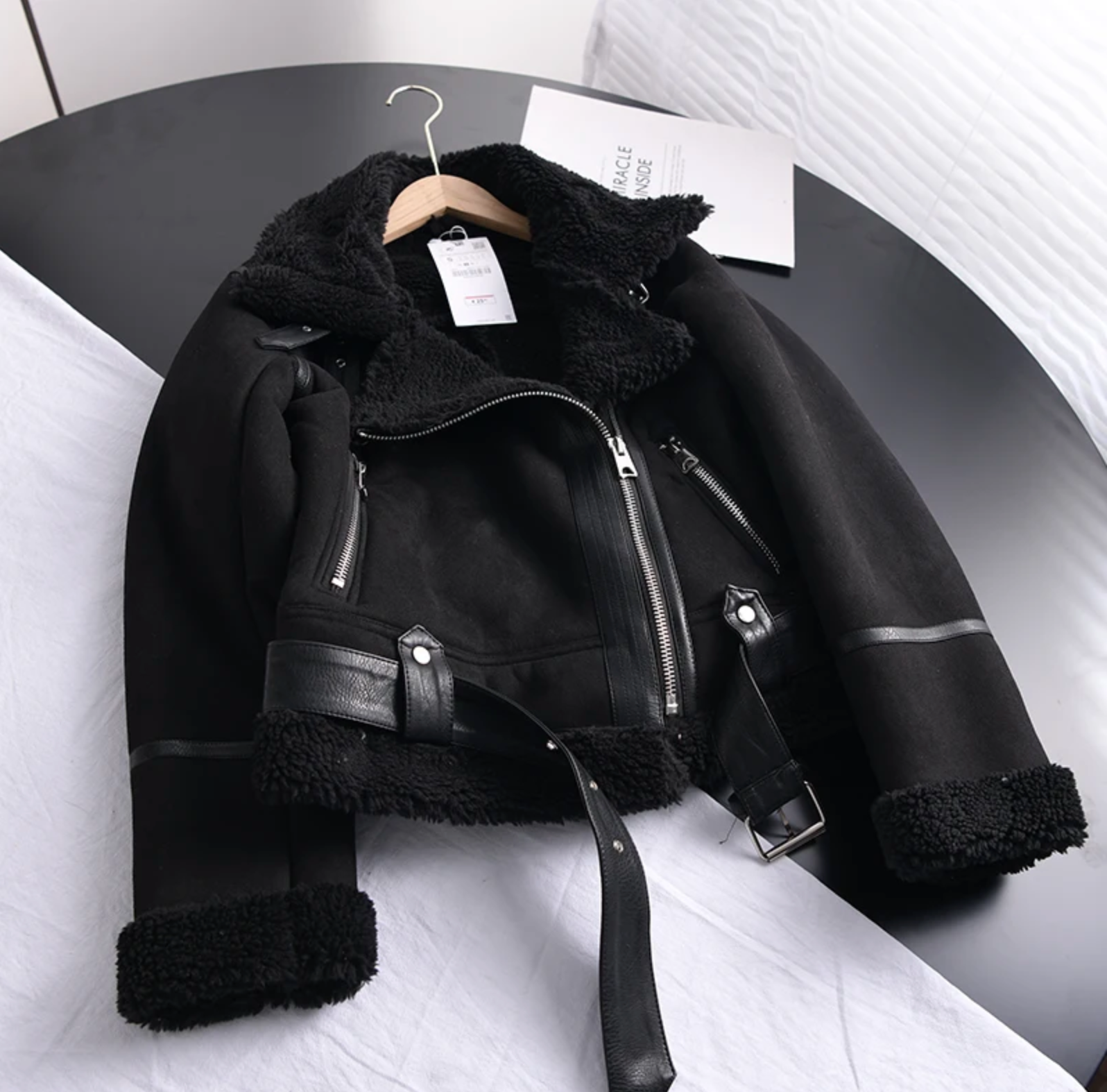 Biker Jacket Women's with Faux Fur Collar and Zip Closure - Image 9