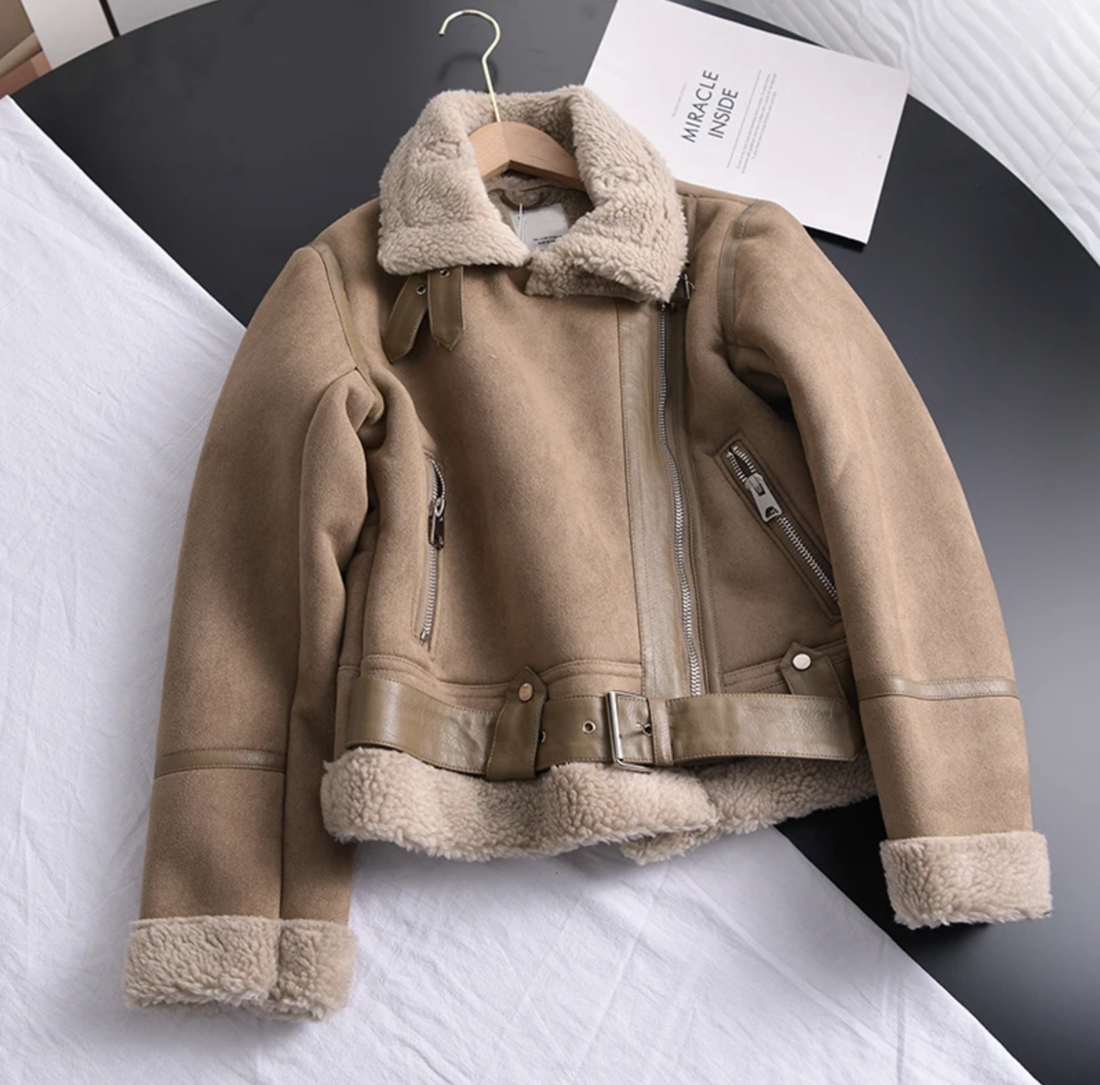 Biker Jacket Women's with Faux Fur Collar and Zip Closure - Image 8