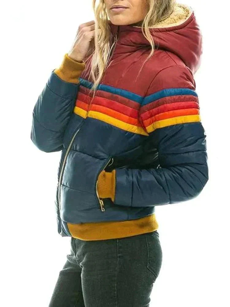 Puffer Jacket Women's Colorful Striped Design with Hood - Image 1