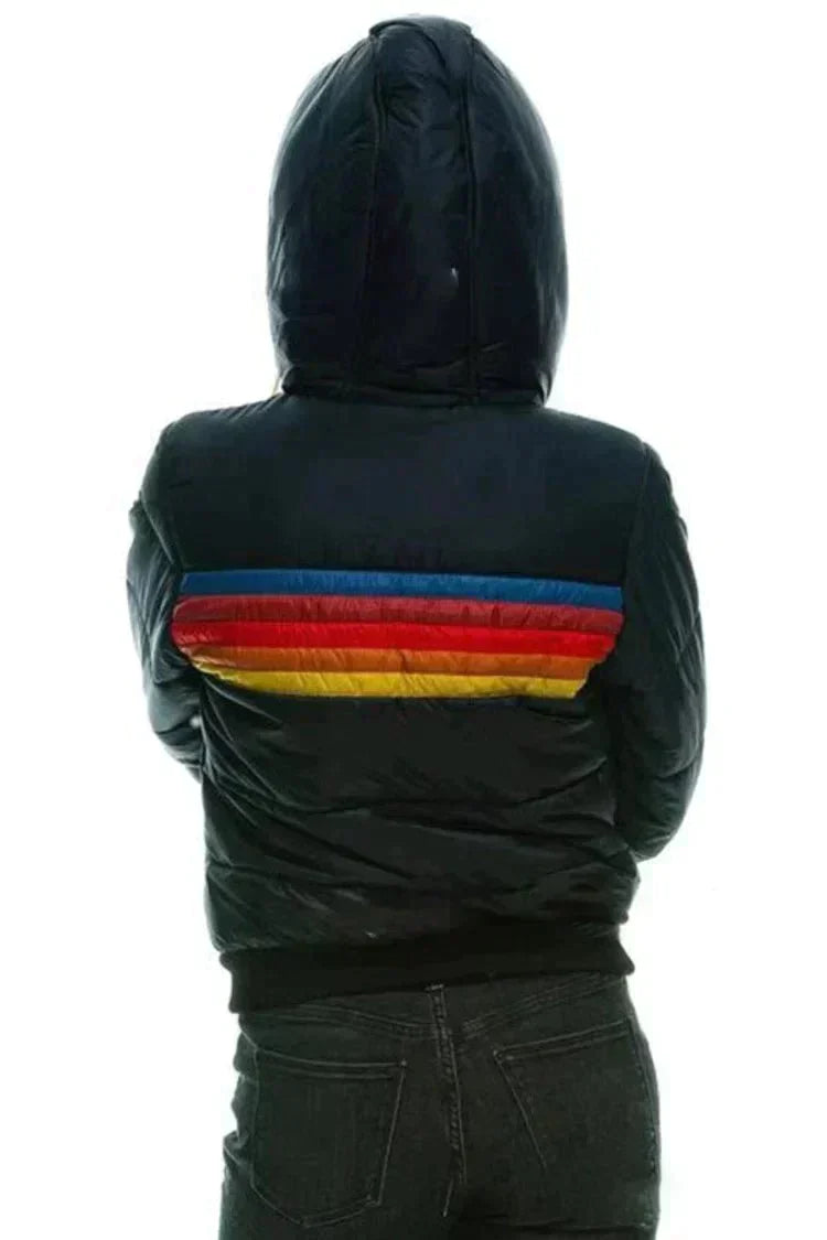 Puffer Jacket Women's Colorful Striped Design with Hood - Image 4