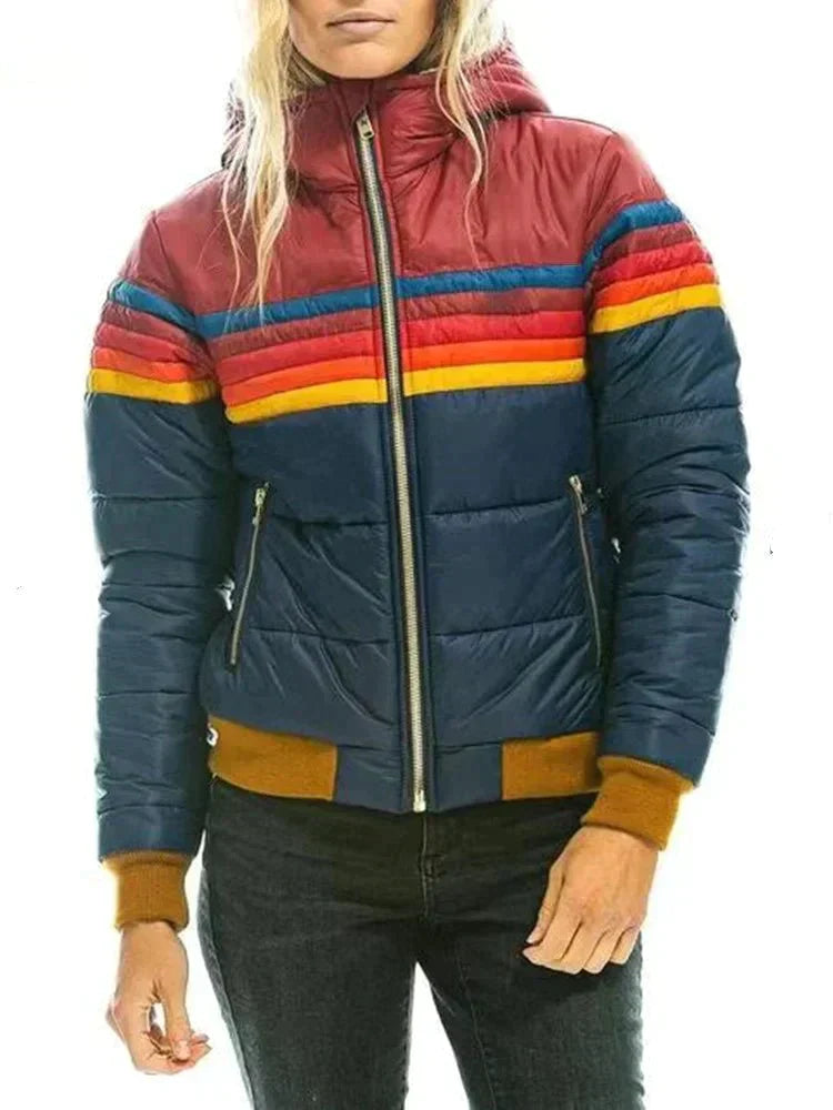 Puffer Jacket Women's Colorful Striped Design with Hood - Image 6