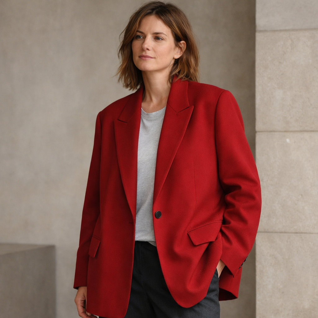 Woman wearing a red blazer over a white shirt and dark pants against a neutral background