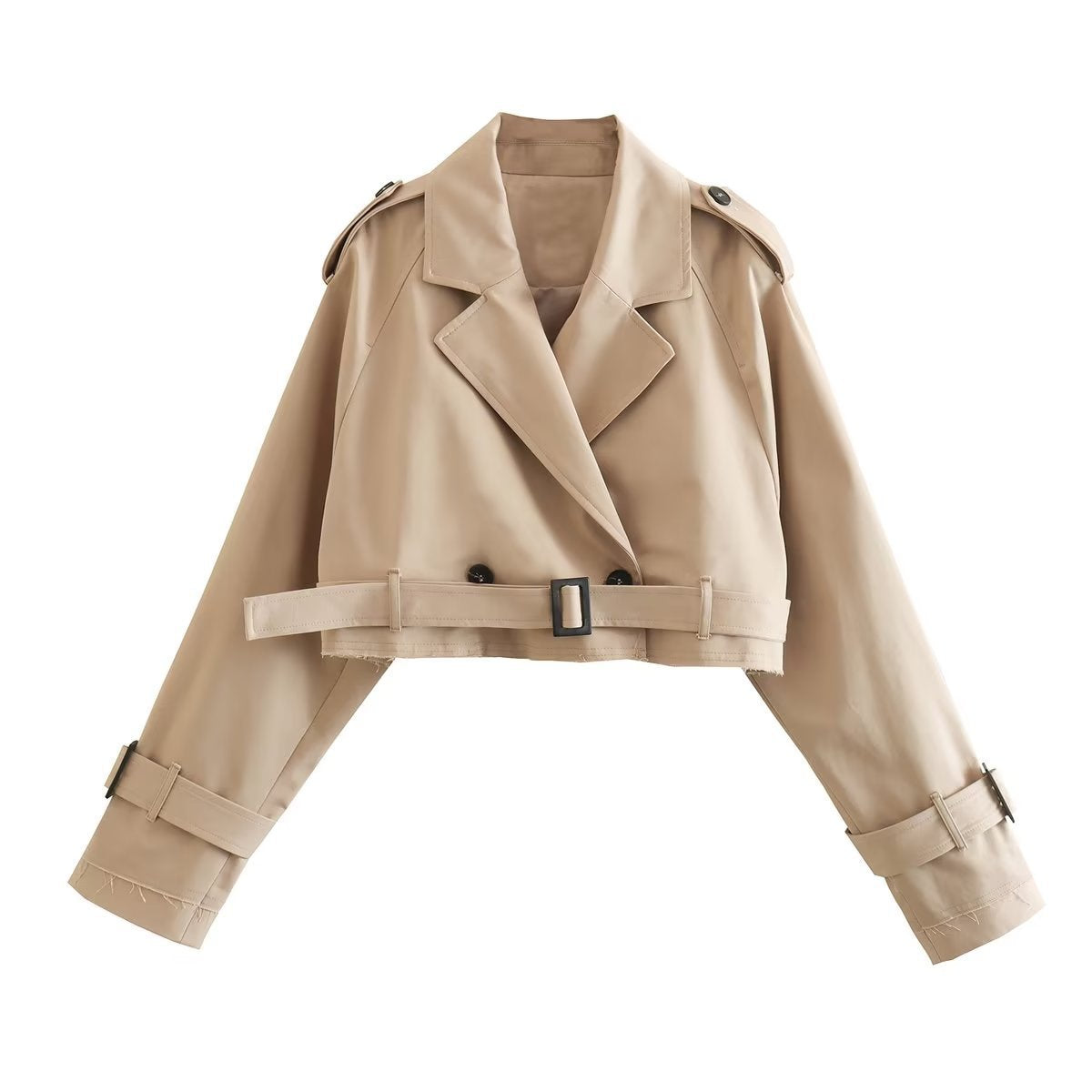 Cropped Jacket Women's with Belted Waist and Double Breasted Closure - Image 7
