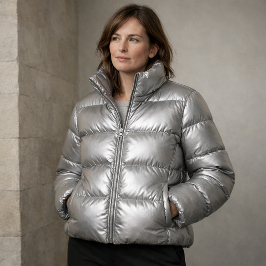 Woman wearing a silver puffer jacket against a neutral background