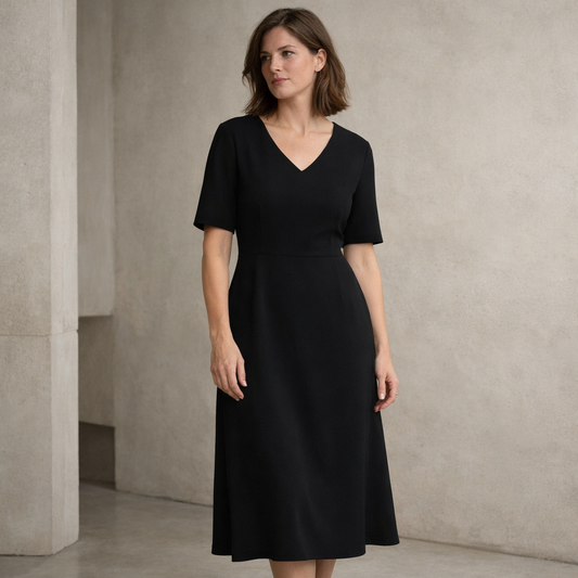 Woman wearing a black dress against a neutral background