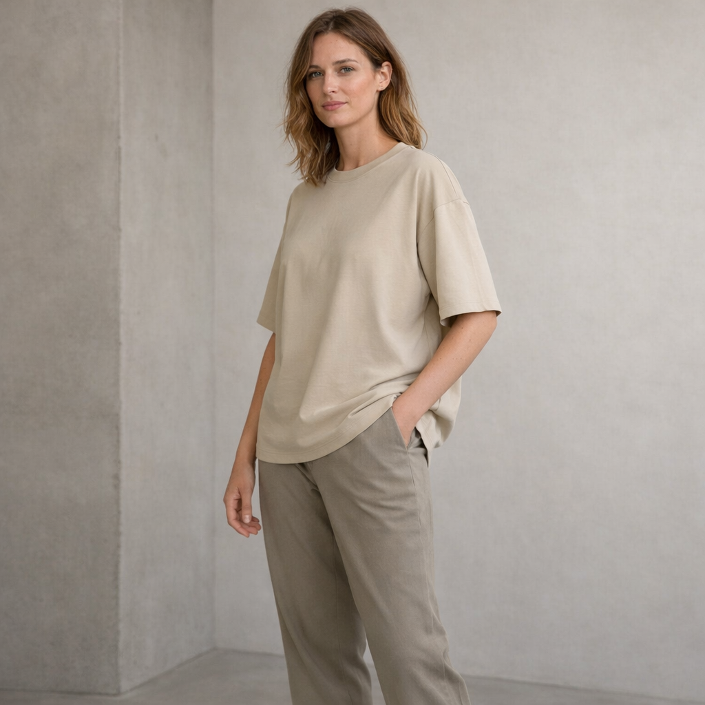 Classic Sand Crew-Neck T-Shirt with Oversized Fit
