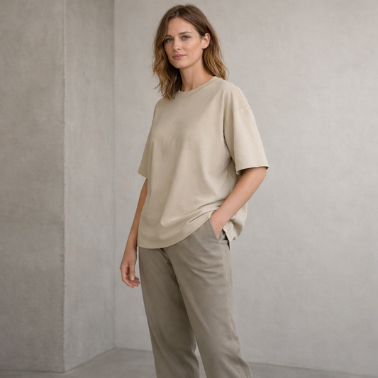 Classic Sand Crew-Neck T-Shirt with Oversized Fit
