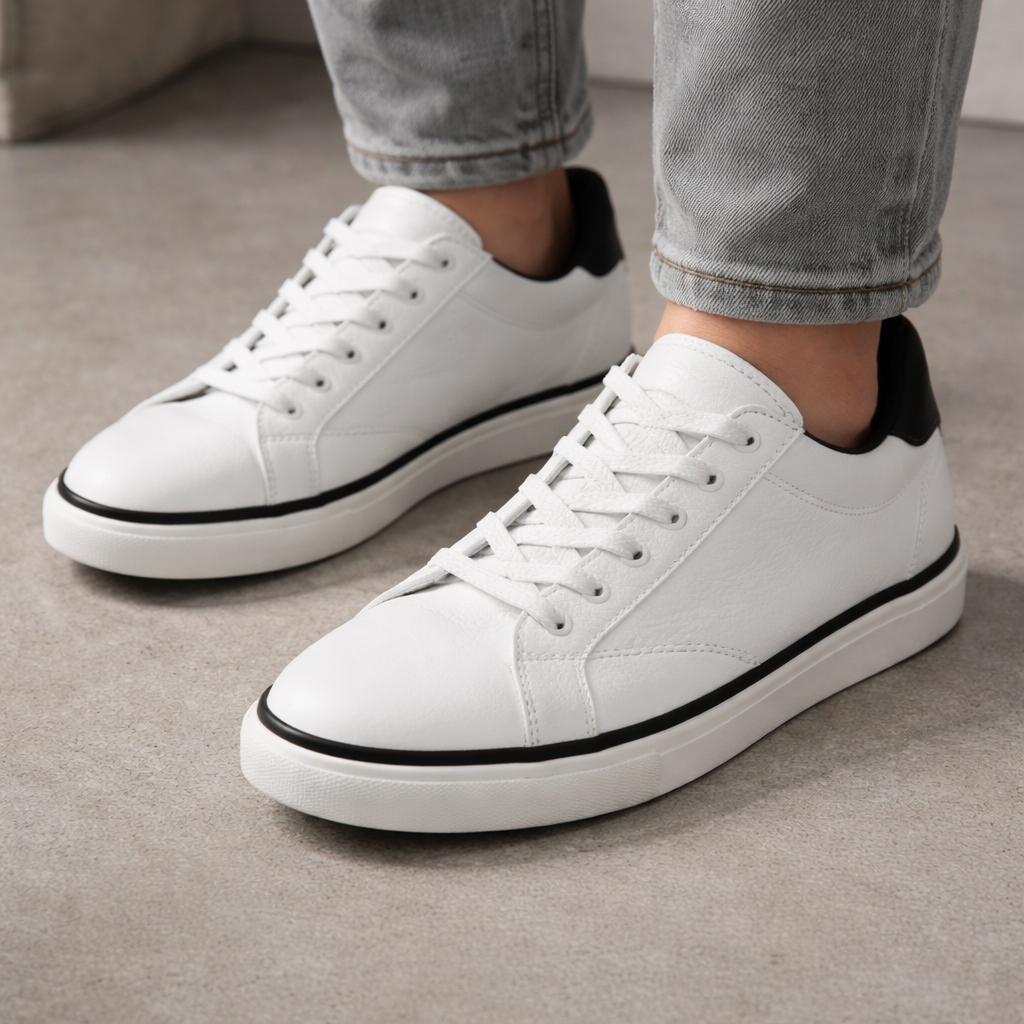 White Low-Top Sneakers with Black Contrast Trim