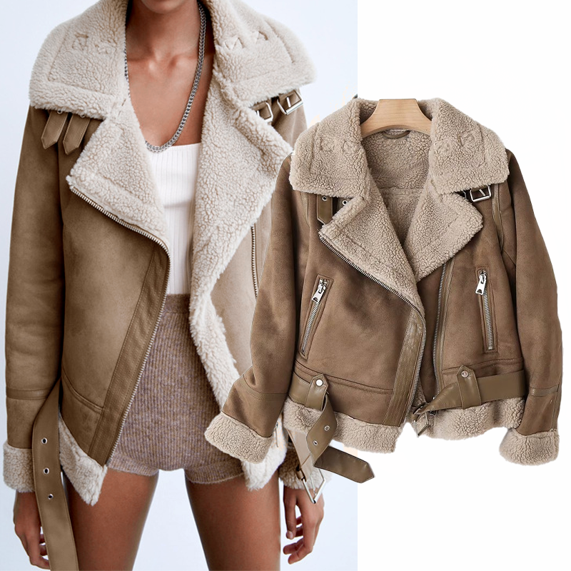 Biker Jacket Women's with Faux Fur Collar and Zip Closure - Image 1