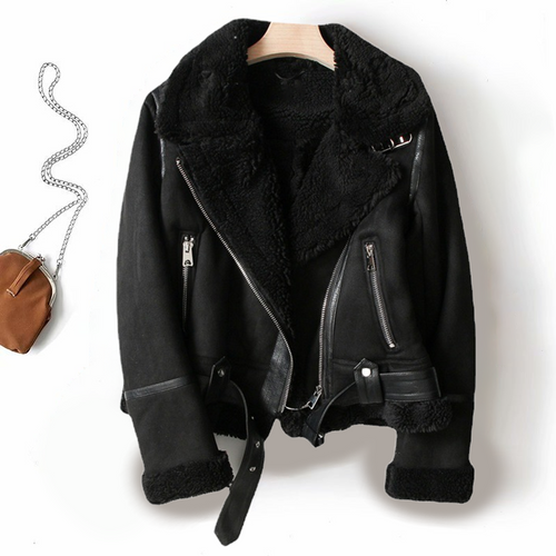 Biker Jacket Women's with Faux Fur Collar and Zip Closure - Image 2